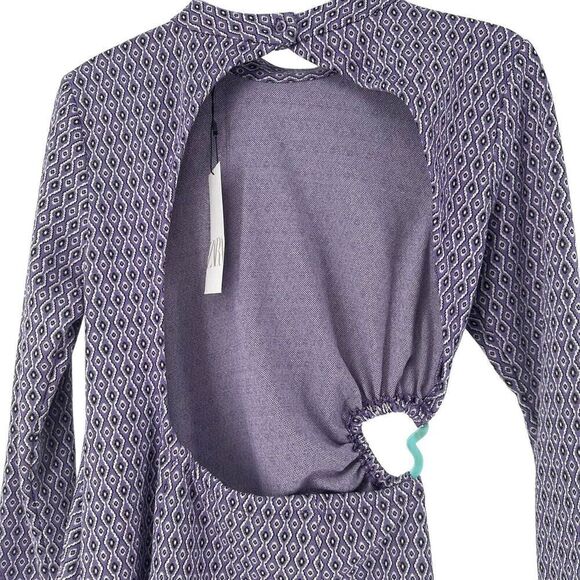 ZARA Dress Purple Open Back Heart Jacquard Size M Disco Long Sleeve Groovy Mock - Picture 4 of 9